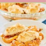 Bisquick peach cobbler on a white plate and in glass pie pan.