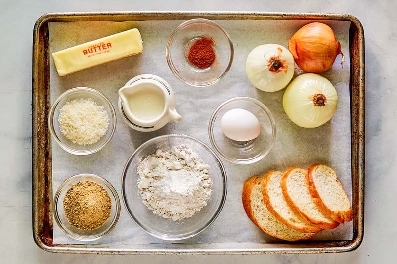 Copycat Brennan's French onion soup ingredients on a tray.