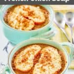 Homemade Brennan's French onion soup in two blue soup crocks.