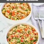 Two bowls of Costco quinoa salad and two forks on a napkin.