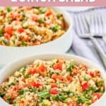 Homemade Costco quinoa salad in two white bowls.