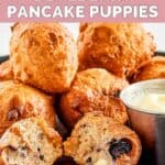 Homemade Denny's blueberry and white chocolate chip pancake puppies on a plate.