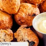 Closeup of homemade Denny's blueberry pancake puppies and dipping sauce.
