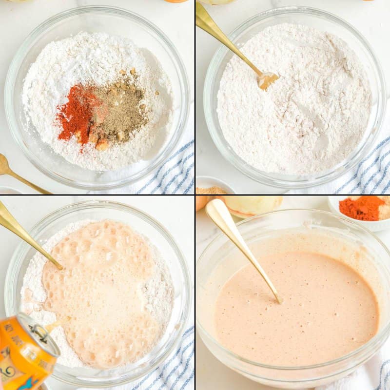 Collage of making bloomin onion batter.
