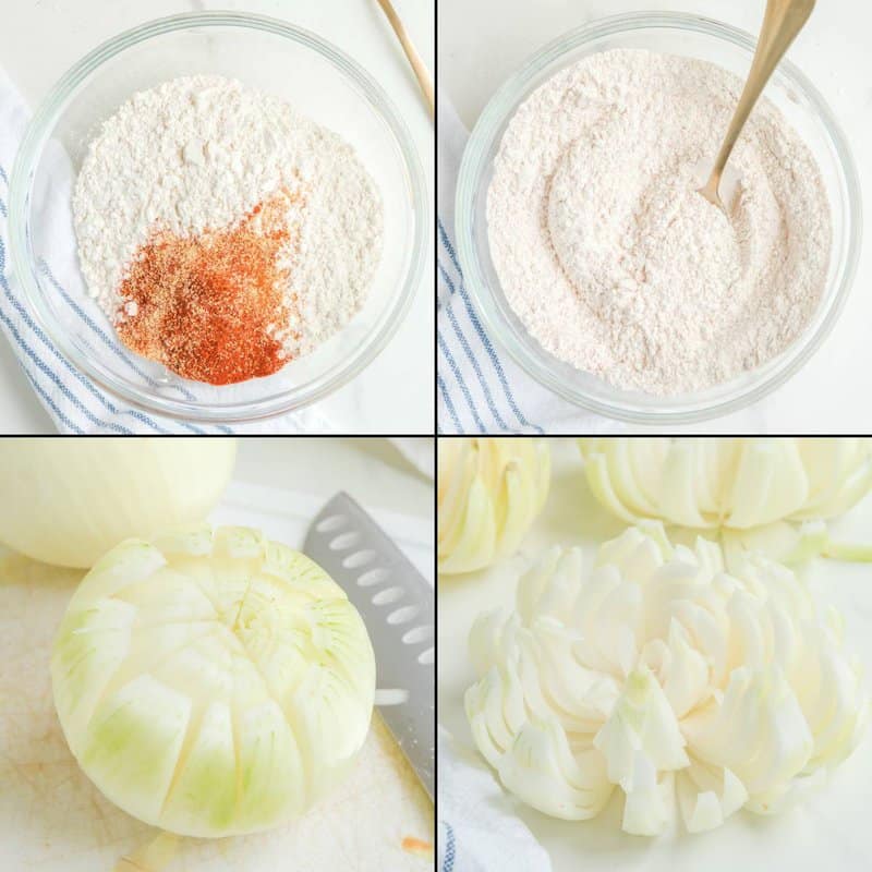 Collage of making seasoned flour and cutting an onion to make a bloomin onion.