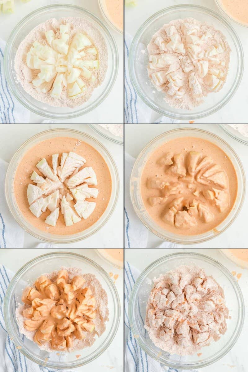 Collage of battering a sliced onion to make a bloomin onion.