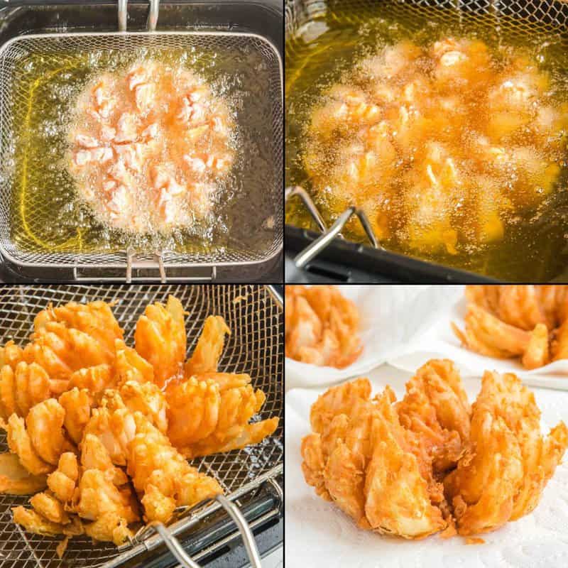 Collage of deep frying a blooming onion.