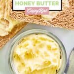 Overhead view of homemade Saltgrass Steakhouse honey butter in a bowl and on bread slices.