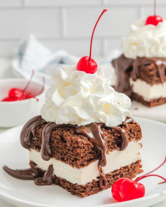 Copycat Shoney's hot fudge cake on a plate.