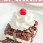 Homemade Shoney's hot fudge cake on a white plate.