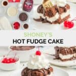 Copycat Shoney's hot fudge cake ingredients and the finished dessert.