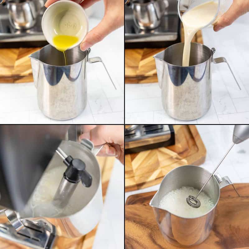 Collage of steaming and frothing oat milk and olive oil for a homemade Starbucks oleato caffe latte.