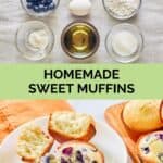 Basic sweet muffins ingredients and the finished muffins on a plate.