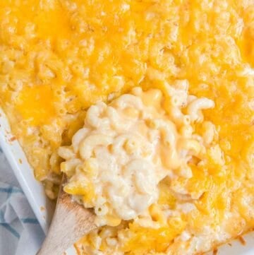 Overhead view of copycat Sweetie Pie's mac and cheese in a baking dish.