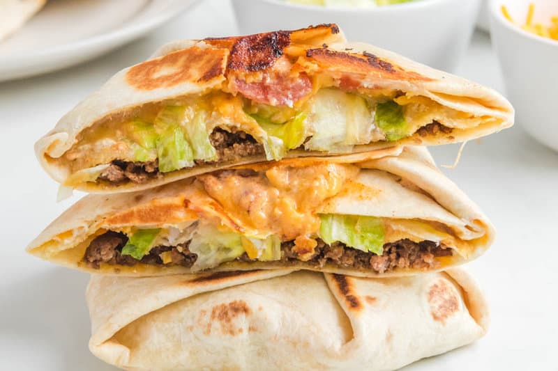 Closeup of copycat Taco Bell crunchwrap supreme.