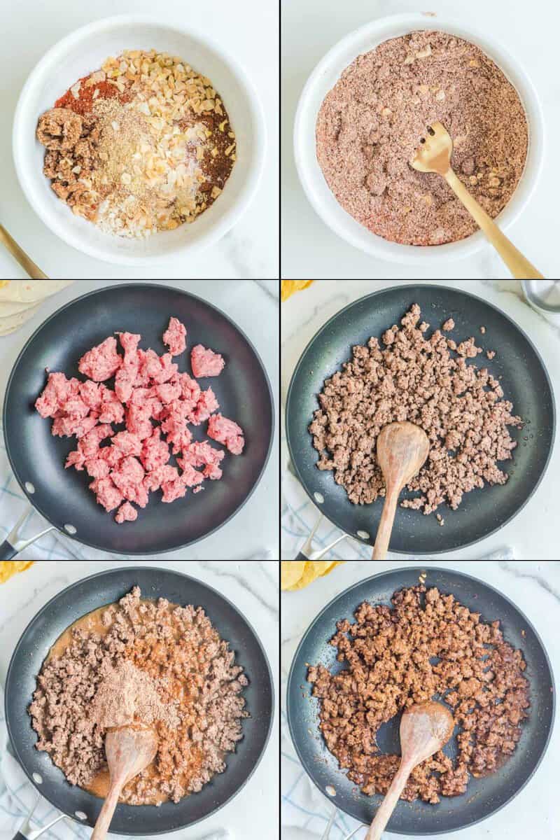 Collage of making seasoned ground beef for Taco Bell crunchwrap supreme.