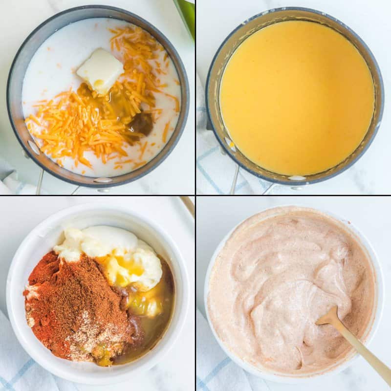 Collage of making nacho sauce and jalapeno sauce for Taco Bell crunchwrap supreme.
