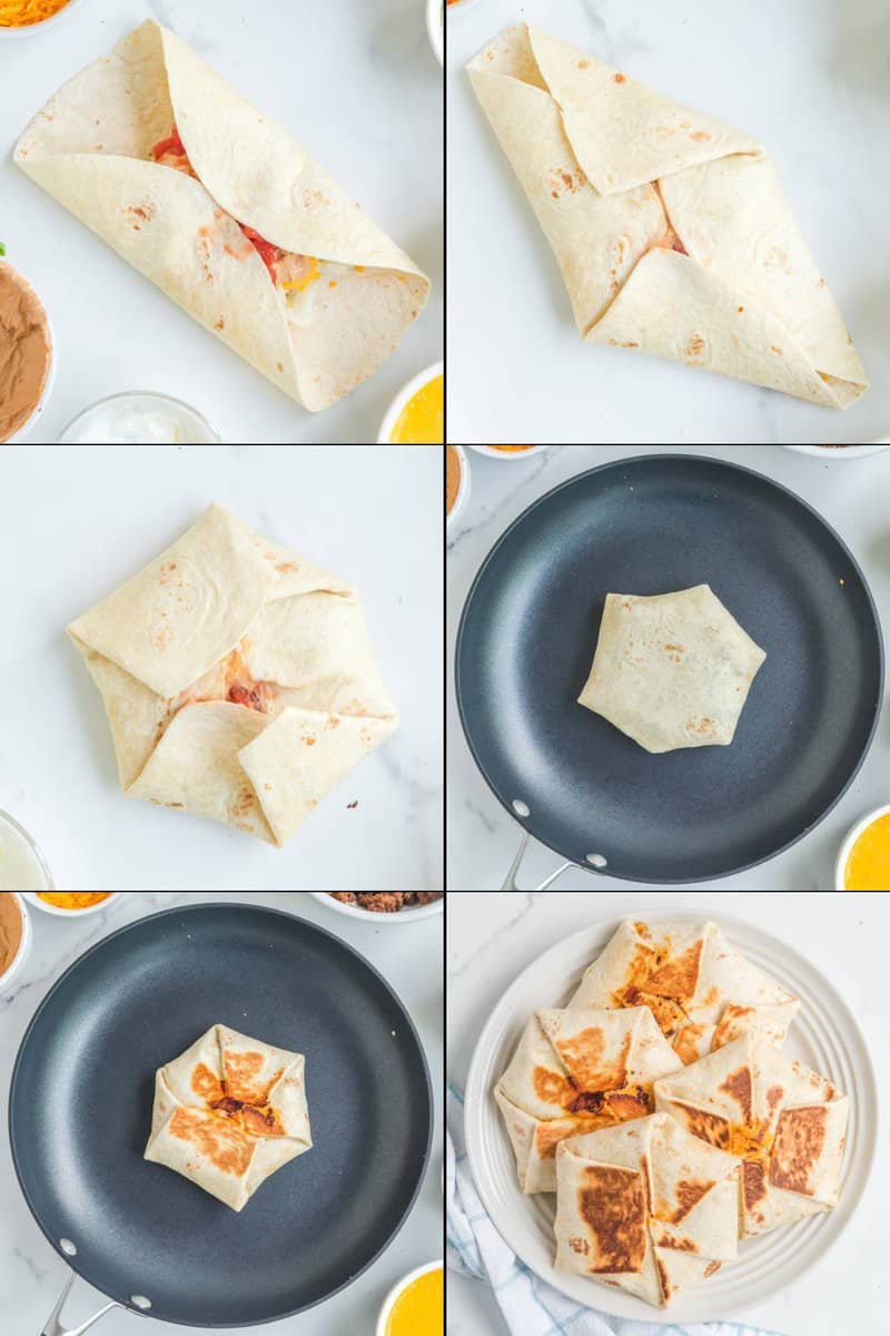 Collage of folding and cooking a Taco Bell crunchwrap supreme.