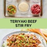 Teriyaki beef stir fry ingredients and the finished dish.