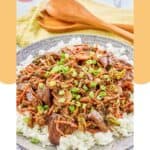 Teriyaki beef stir fry over white rice on a plate.