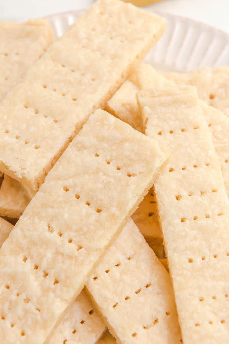 Closeup of copycat Walkers shortbread cookies on a plate.