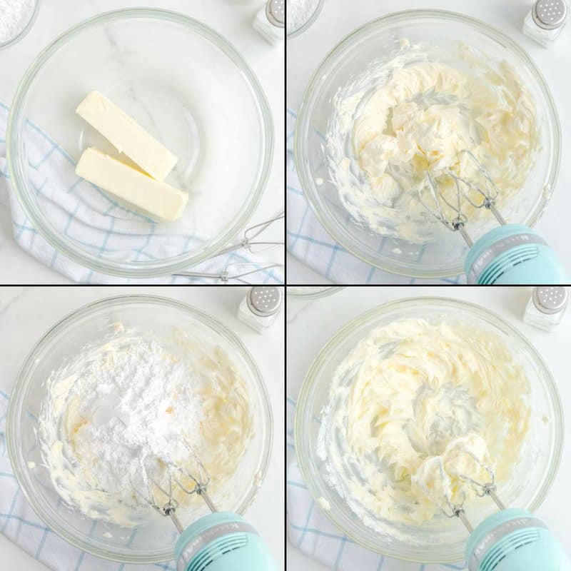 Collage of creaming butter and powdered sugar to make shortbread cookies.