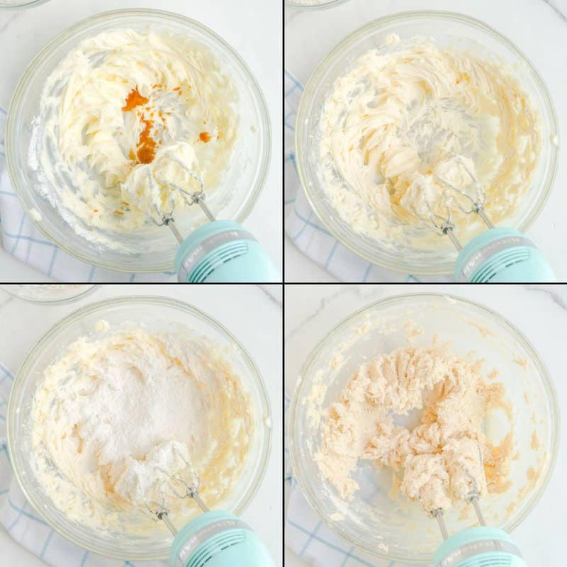 Collage of adding flavoring and dry ingredients to wet ingredients for shortbread cookies.