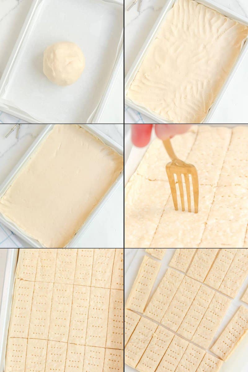Collage of rolling out and baking dough to make copycat Walkers shortbread cookies.