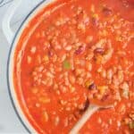 Overhead view of copycat Wendy's chili in a Dutch oven.
