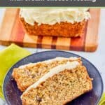 Zucchini bread with cream cheese frosting slices on a black plate.