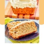 Slices of zucchini bread with cream cheese frosting on a plate in front of the loaf.