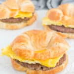 Three copycat Burger King sausage egg and cheese croissan'wich breakfast sandwiches.