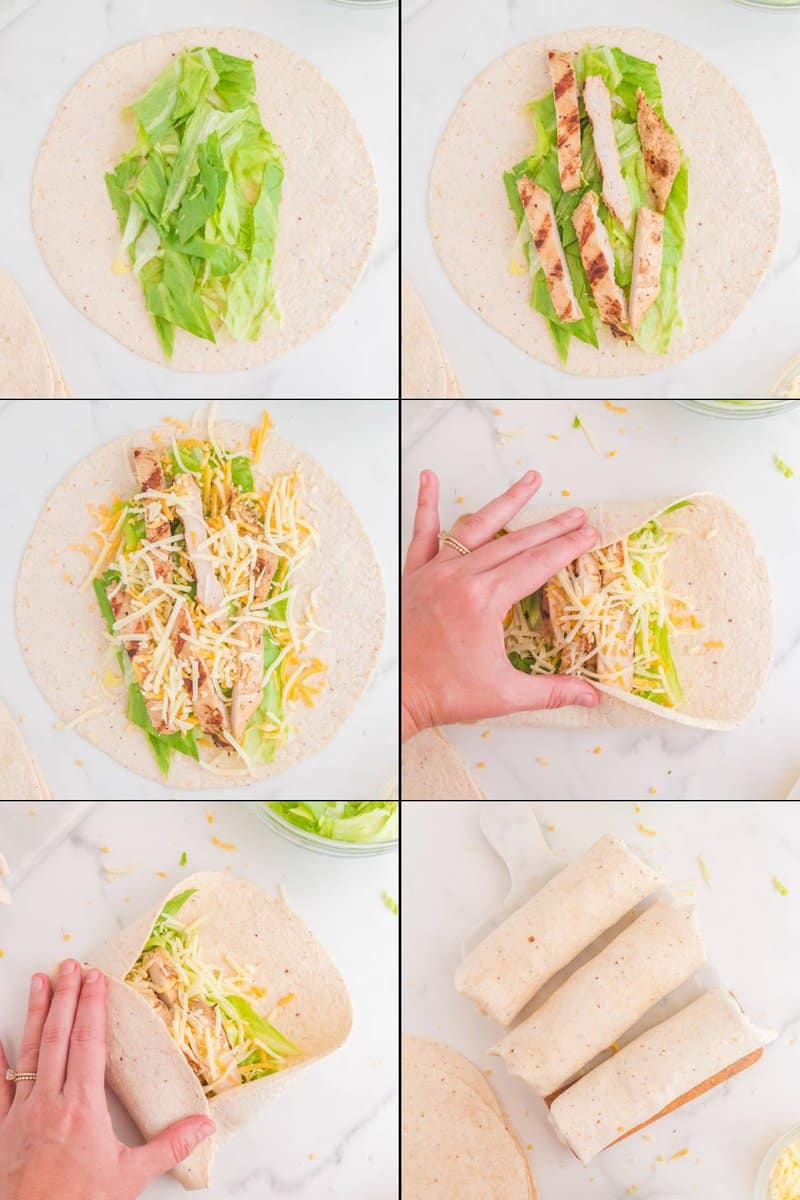 Collage of assembling a copycat Chick Fil A cool wrap.