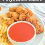 Homemade Chick Fil A Polynesian sauce on a plate with chicken nuggets and waffle fries.