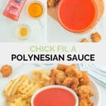 Copycat Chick Fil A Polynesian sauce ingredients and the finished sauce in a bowl.