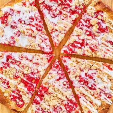 Overhead view of copycat CiCi's cherry dessert pizza.