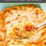 Creamed corn au gratin casserole in a dish and on a spoon.
