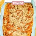 Overhead view of creamed corn au gratin in a baking dish.