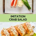 Imitation crab salad ingredients and the salad in hoagie rolls.
