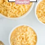 Overhead view of homemade KFC mac and cheese in three bowls.