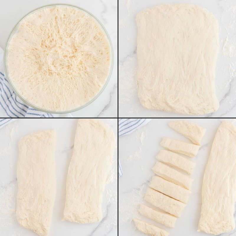 Collage of rolling and cutting pizza dough for copycat Little Caesars crazy bread.