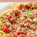 Closeup of spaghetti meat sauce.