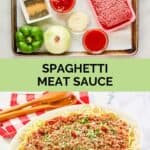 Spaghetti meat sauce ingredients and the finished dish.