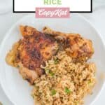 Overhead view of homemade Texas Roadhouse seasoned rice and chicken on a plate.