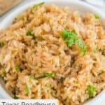 A bowl of homemade Texas Roadhouse seasoned rice.