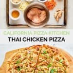 Copycat CPK Thai chicken pizza ingredients and the finished pizza.