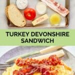 Turkey devonshire sandwich ingredients and the finished sandwich on a plate.