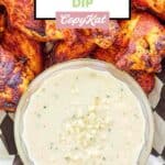 Overhead view of homemade Wingstop blue cheese dip and chicken wings.