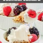 Homemade Brennan's oatmeal custard on a spoon over a ramekin.