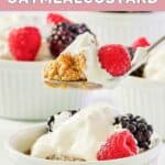 Homemade Brennan's oatmeal custard with whipped cream and berries on a spoon.